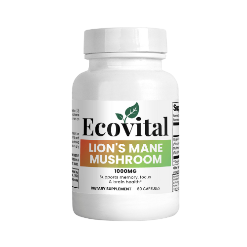 Supplement bottle labeled 'Ecovital Lion's Mane Mushroom' on a white background