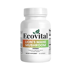 Supplement bottle labeled 'Ecovital Lion's Mane Mushroom' on a white background