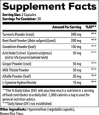 Supplement facts label with various ingredients and their amounts per serving.