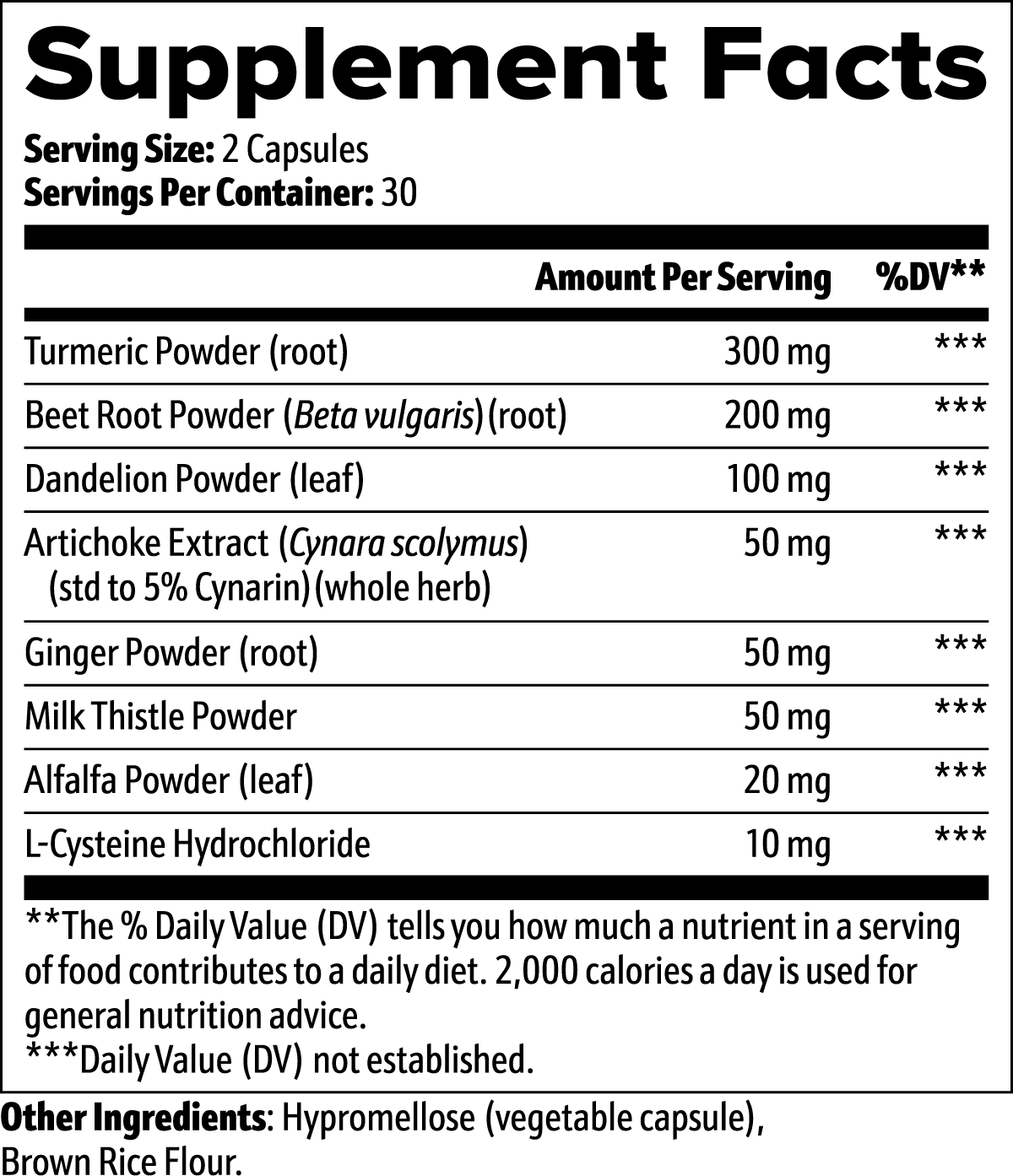 Supplement facts label with various ingredients and their amounts per serving.