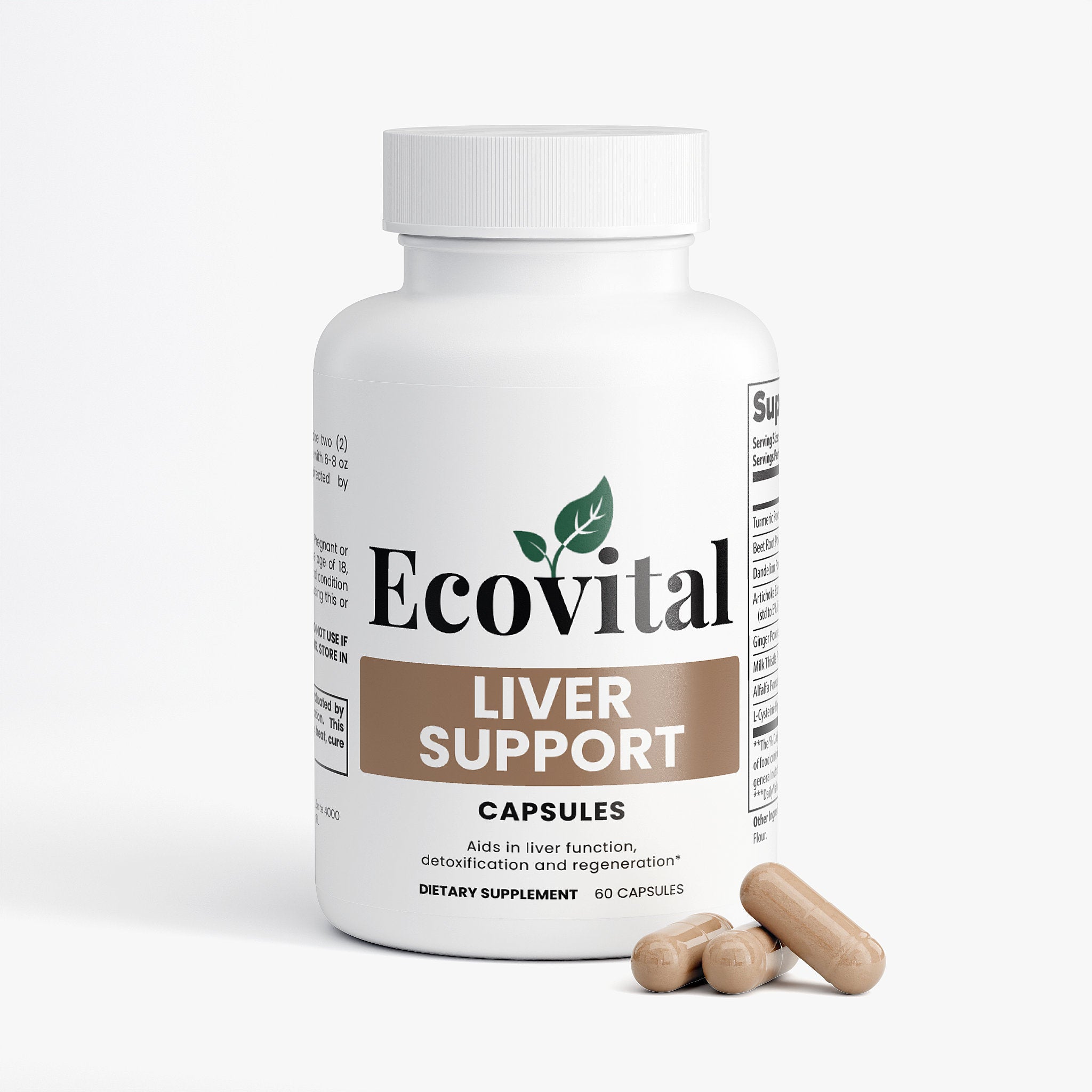 Ecovital liver support capsules bottle with two capsules on a white background