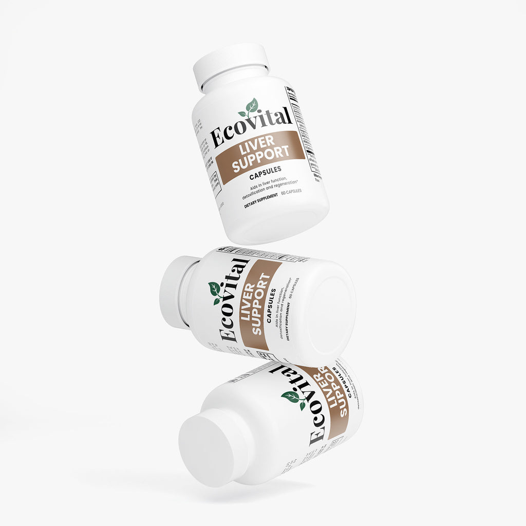 Three bottles of Ecovital Liver Support capsules on a white background