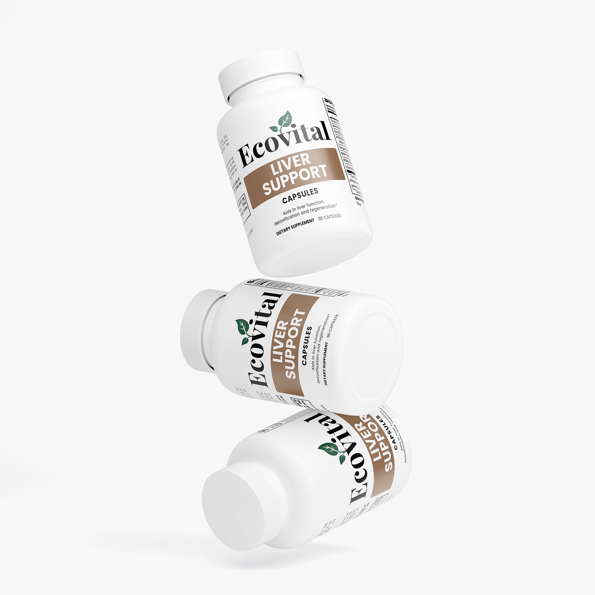 Three bottles of Ecovital Liver Support capsules on a white background