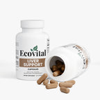 Ecovital liver support capsules with an open bottle on a white background