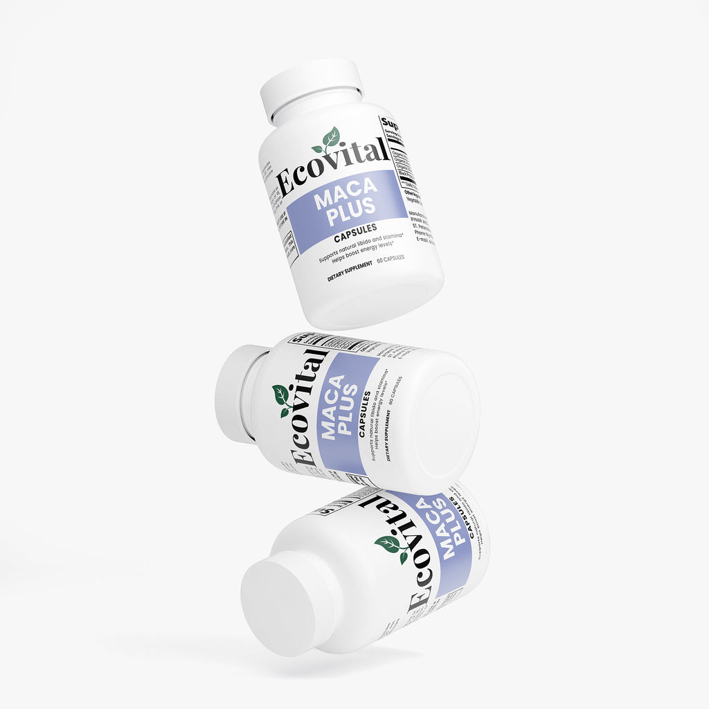 Three bottles of Ecovital Maca Plus capsules on a white background