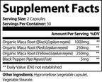 Supplement facts label for a product containing organic maca root and black pepper.