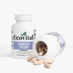 Ecovital Maca Plus capsules bottle with open lid showing contents on a white background