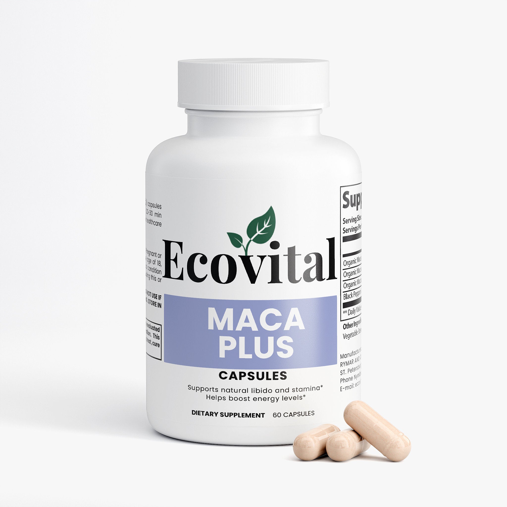 Ecovital Maca Plus capsules bottle with two capsules on a white background