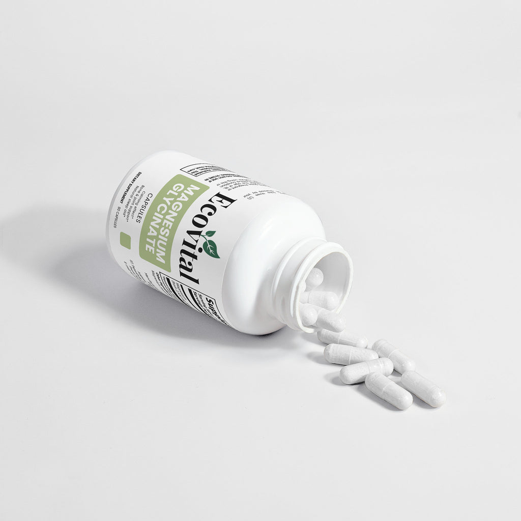 White supplement bottle with a green label on a light gray background