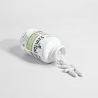 White supplement bottle with a green label on a light gray background
