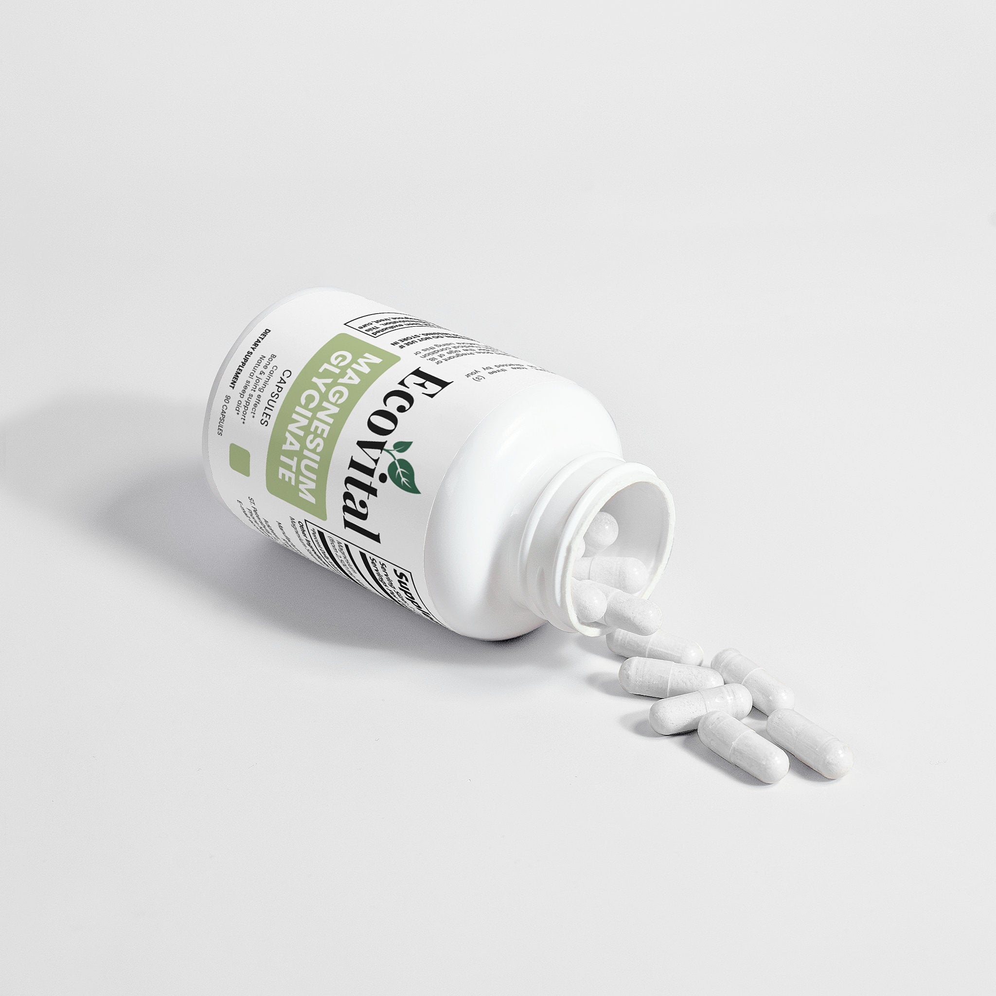 White supplement bottle with a green label on a light gray background