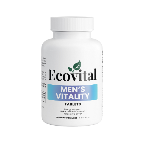 Bottle of Ecovital Men's Vitality Tablets on a white background