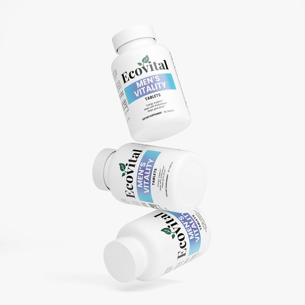 Three bottles of EcoVital Men's Vitality supplements on a white background