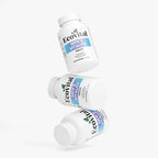 Three bottles of EcoVital Men's Vitality supplements on a white background