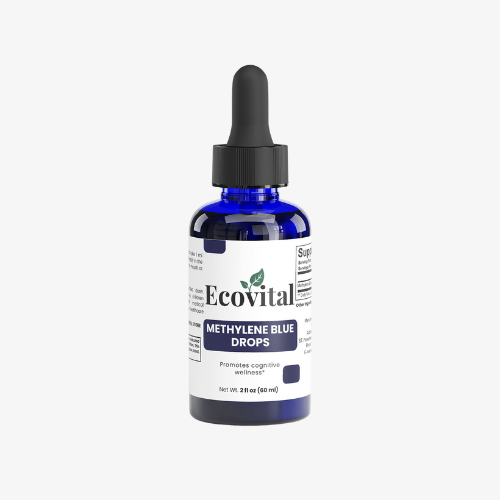 Bottle of Ecovital Methylene Blue Drops on a white background