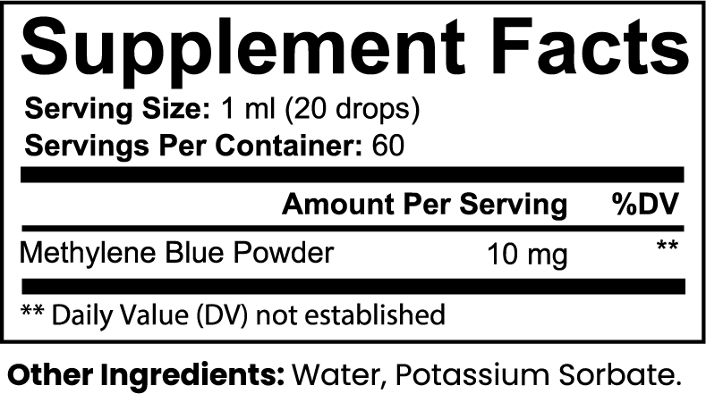 Supplement facts label for Methylene Blue Powder with serving size, servings per container, and ingredient list.