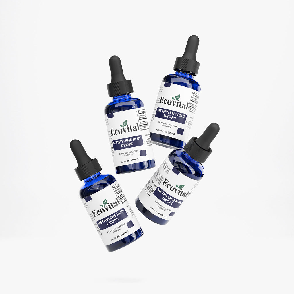 Four bottles of Ecovital Antifungal Blue Drops on a white background