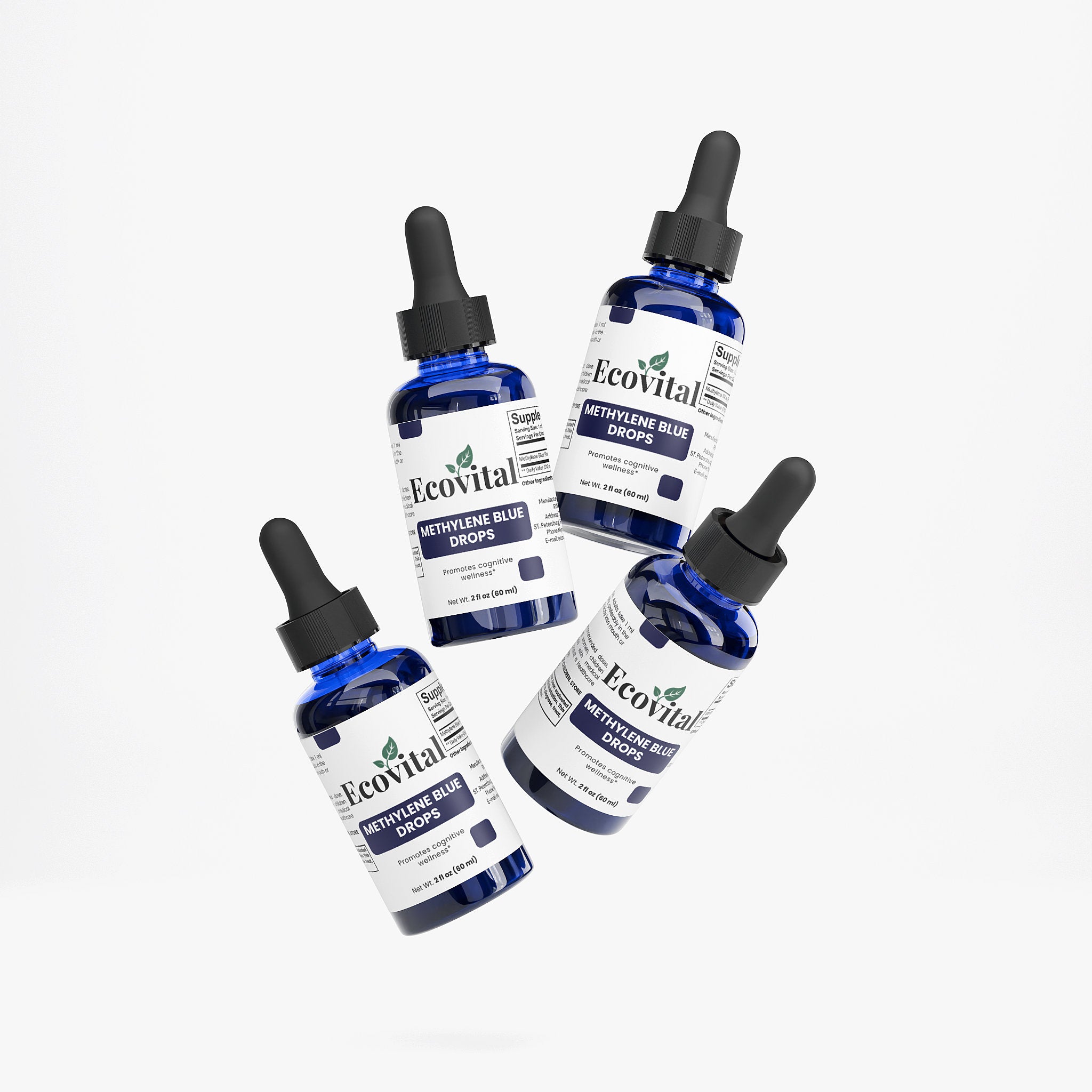 Four bottles of Ecovital Antifungal Blue Drops on a white background