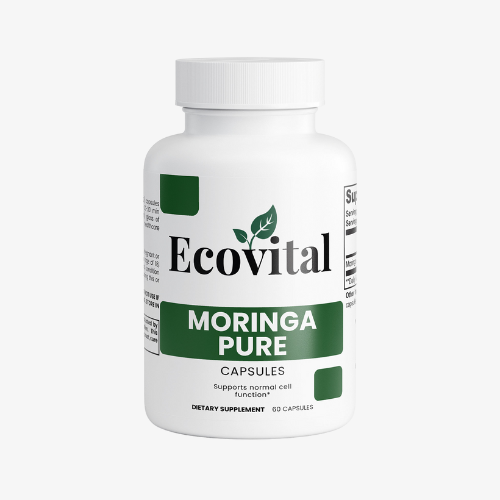 Bottle of Ecovital Moringa Pure capsules on a white background