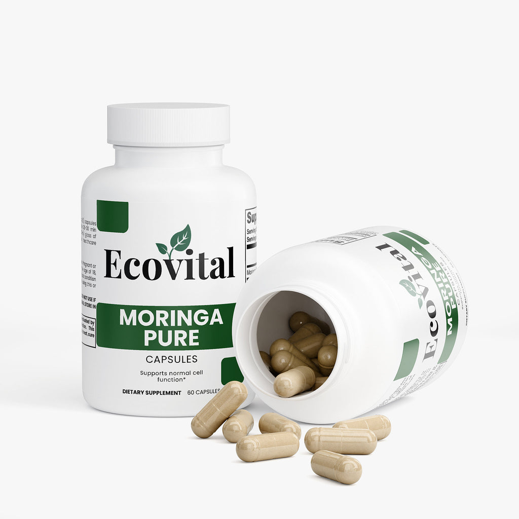 Ecovital Moringa Pure capsules bottle with open lid on a white background