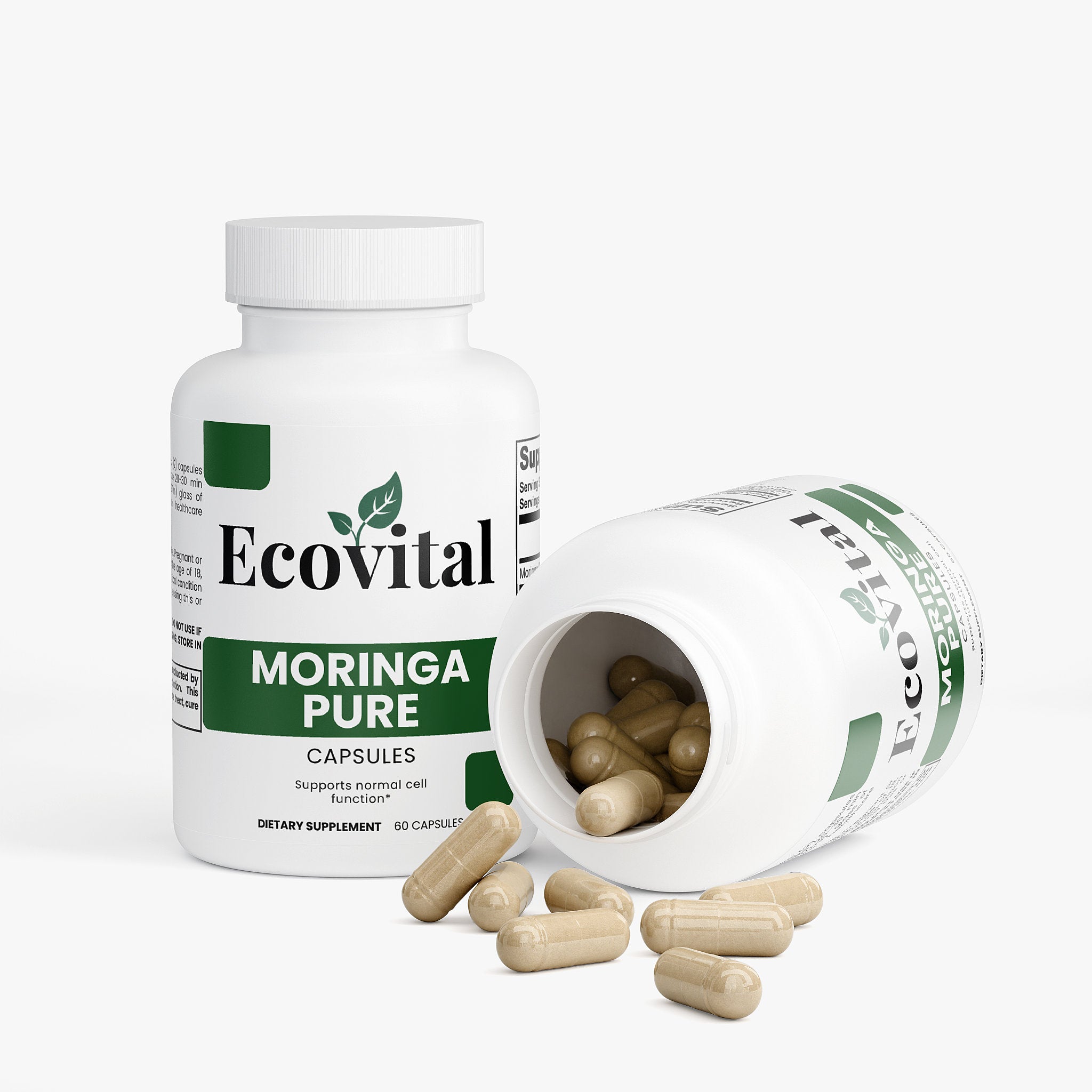 Ecovital Moringa Pure capsules bottle with open lid on a white background