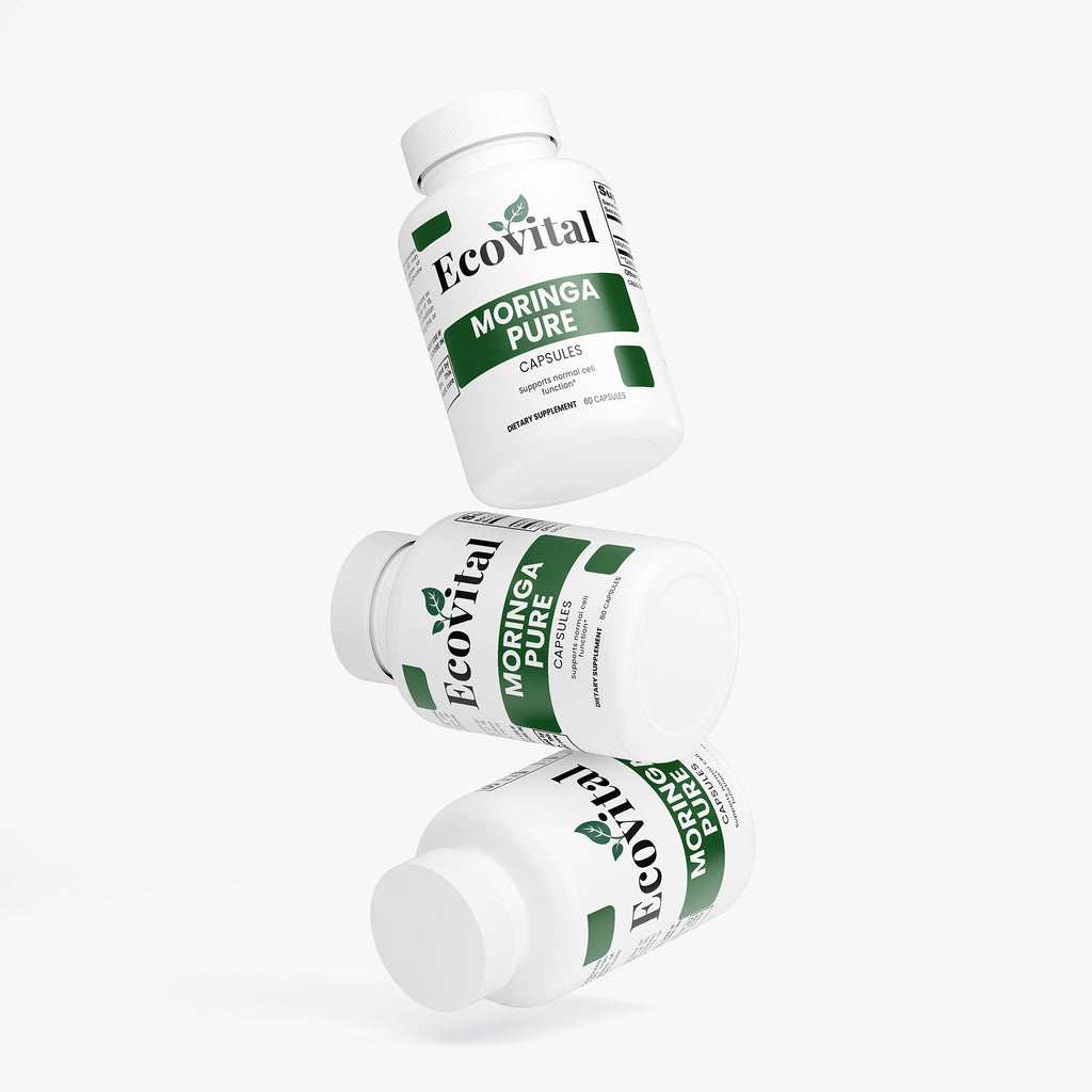 Three bottles of EcoVital Moringa Pure on a white background