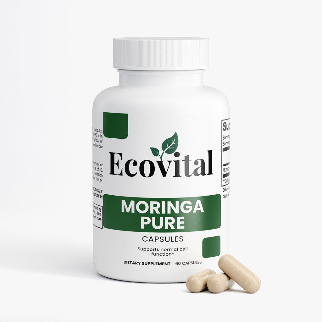 Ecovital Moringa Pure capsules bottle with two capsules on a white background