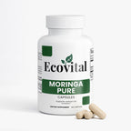 Ecovital Moringa Pure capsules bottle with two capsules on a white background