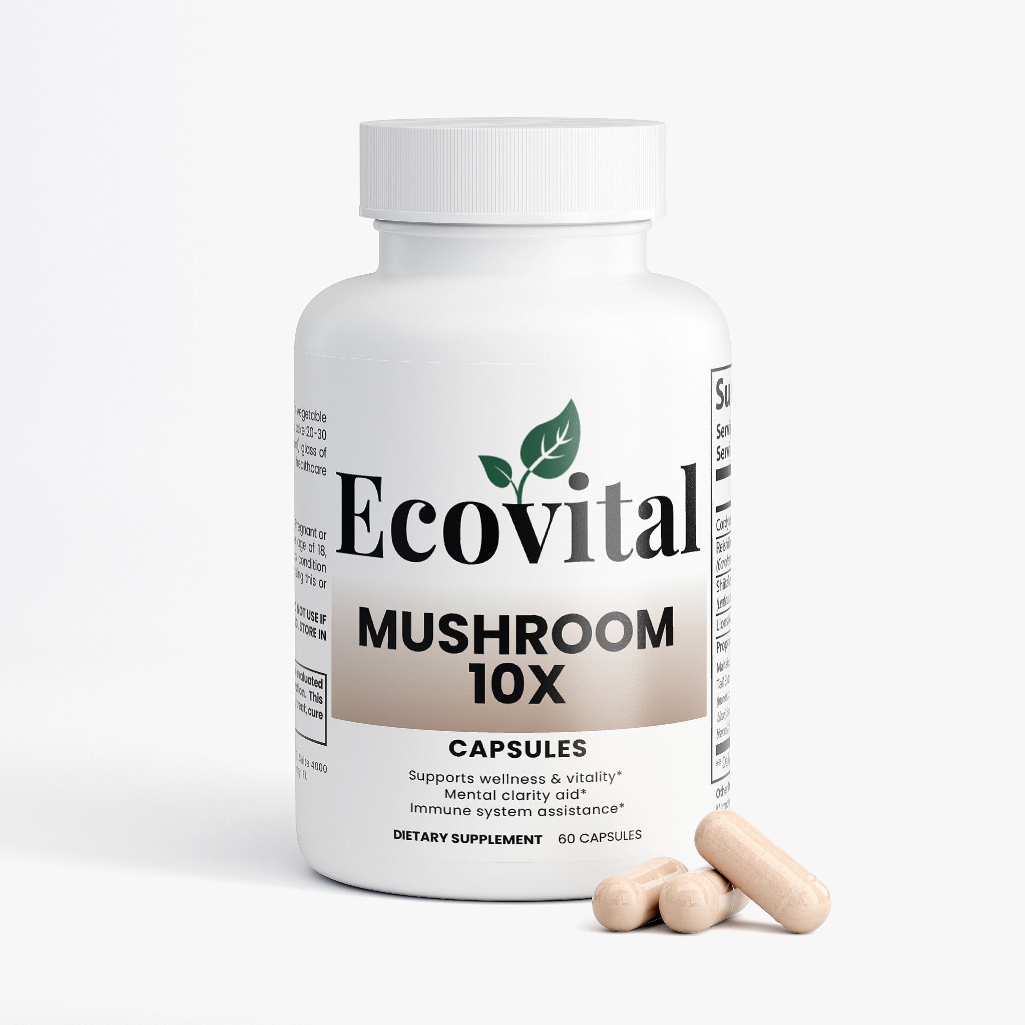 Ecovital Mushroom 10X capsules bottle with two capsules on a white background