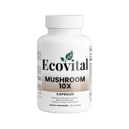 Ecovital Mushroom 10X supplement bottle on a white background