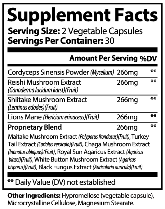 Supplement facts label with various mushroom extracts and serving information.