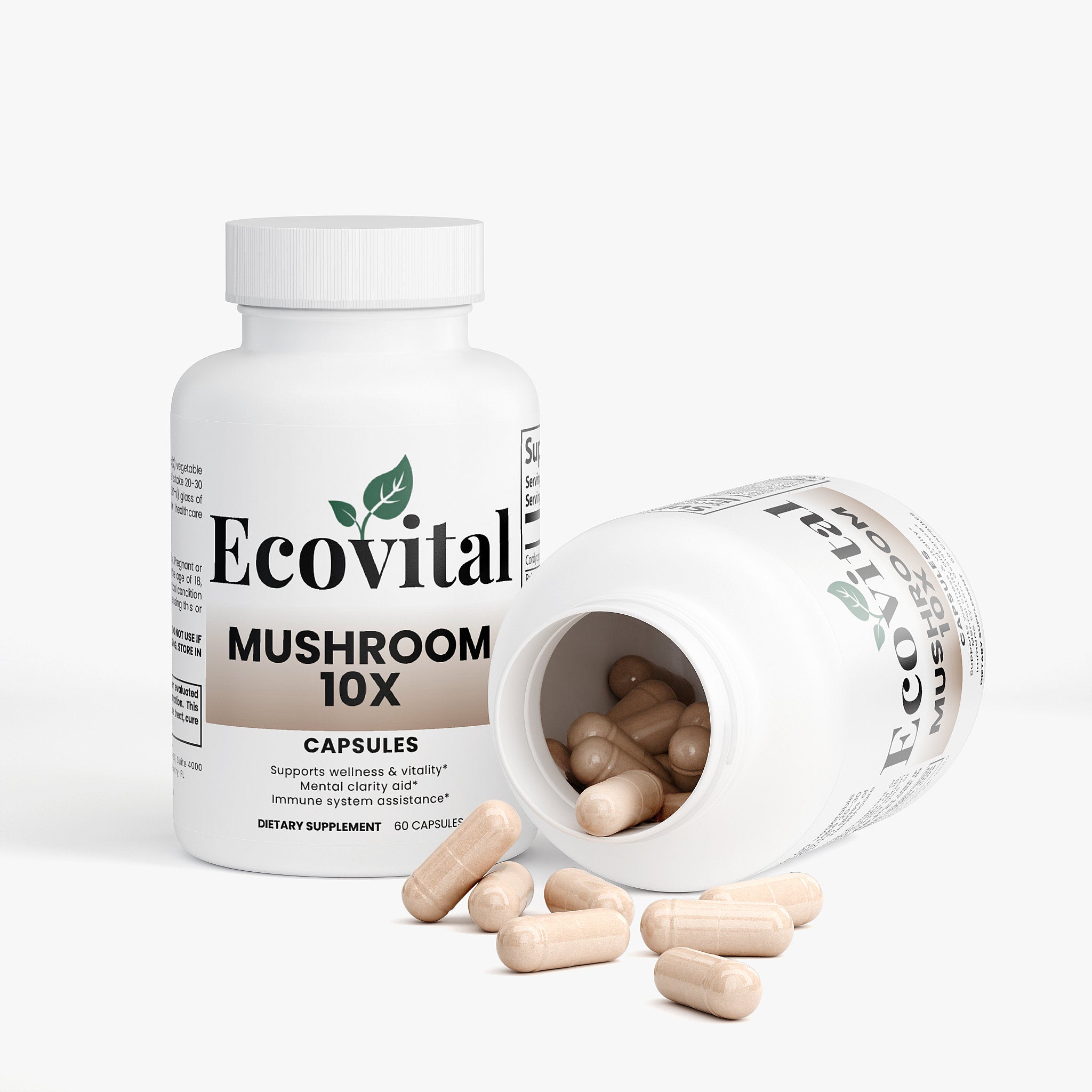 Ecovital Mushroom 10X dietary supplement bottle with open cap showing capsules on a white background