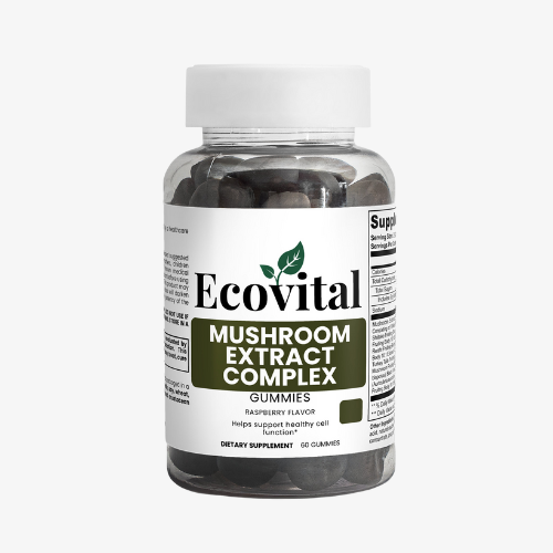 Bottle of Ecovital Mushroom Extract Complex gummies on a white background