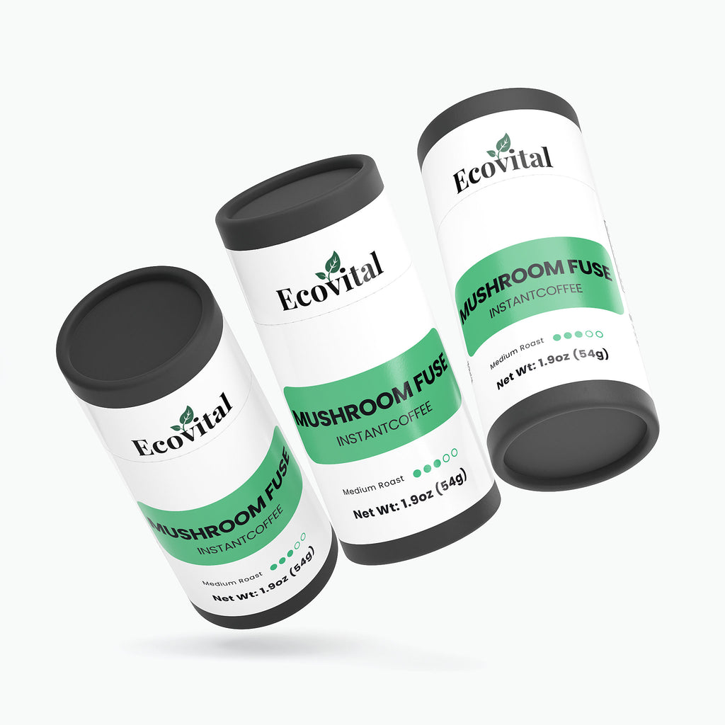 Three tins of Ecovital Mushroom Fuse Instant Coffee on a white background