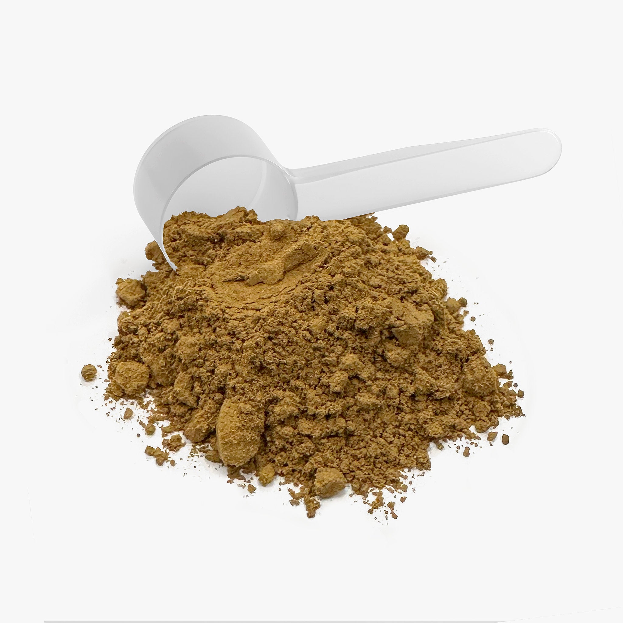 Brown powder in a white scoop on a white background