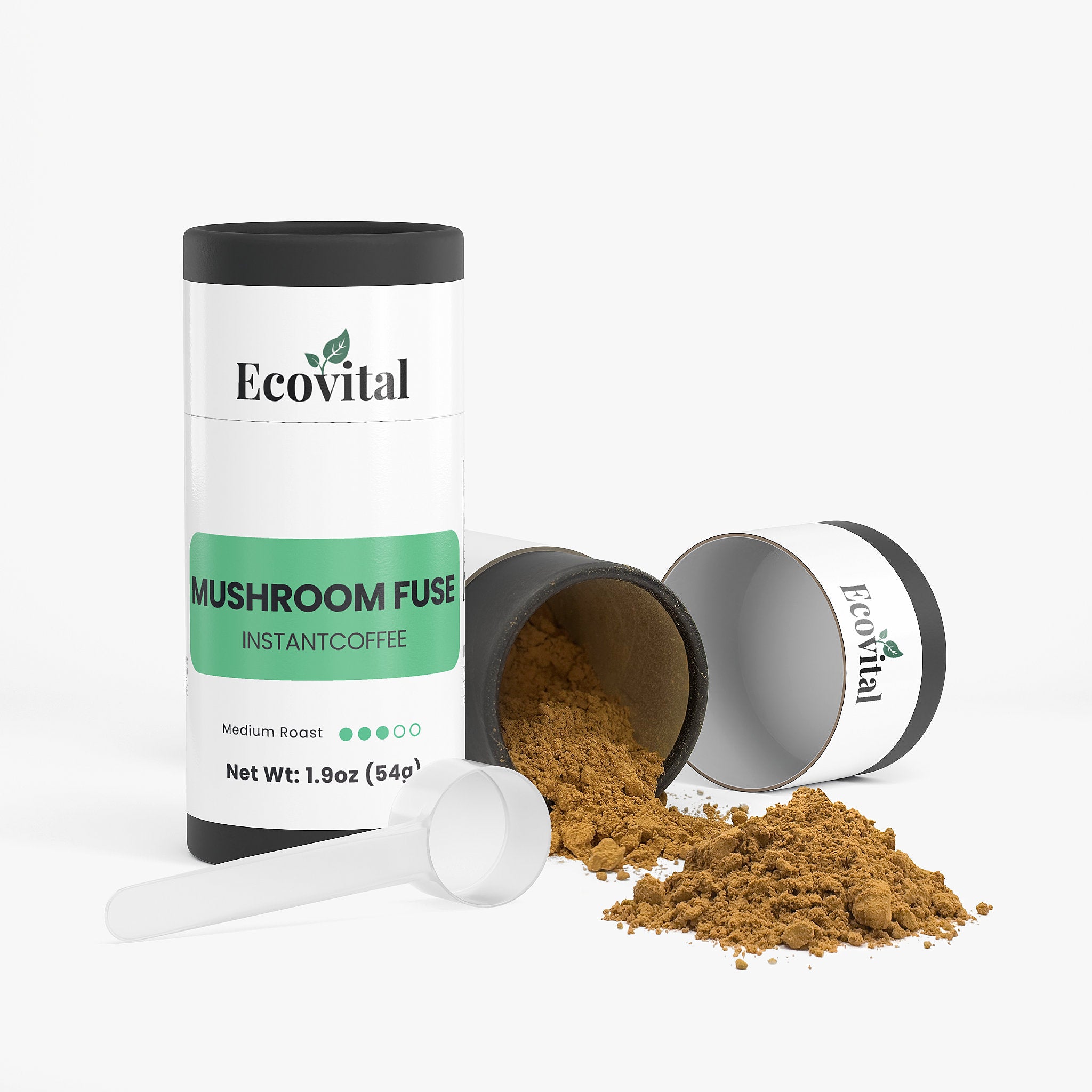 Ecovital Mushroom Fuse Instant Coffee with open container and scoop on a white background