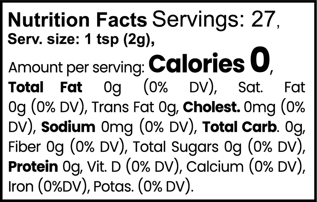 Nutrition facts label with serving size, calories, and various nutrients per serving.
