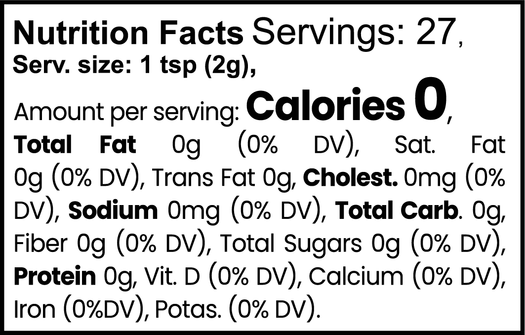 Nutrition facts label with serving size, calories, and various nutrients per serving.