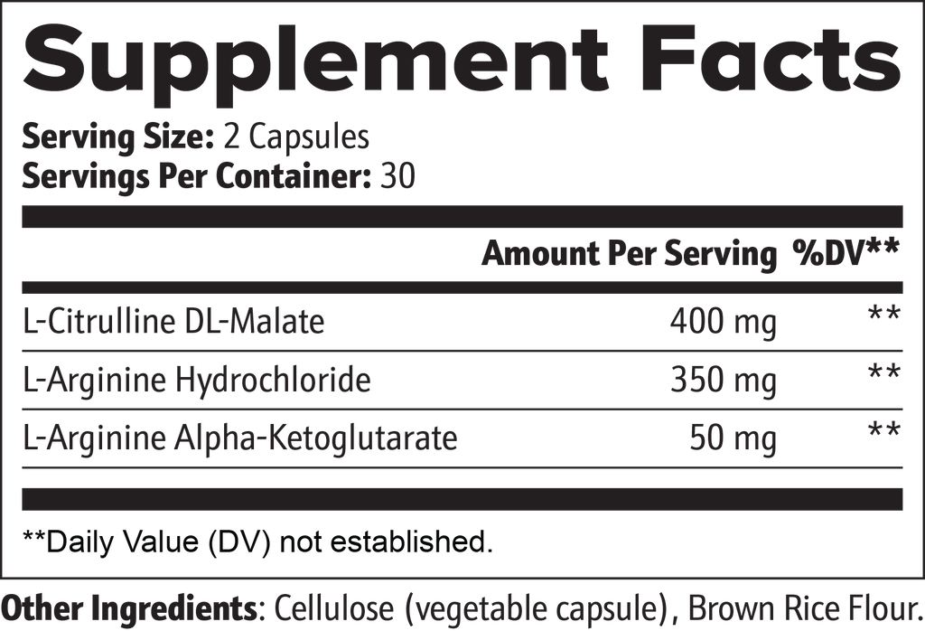Supplement facts label with ingredients and serving sizes on a white background