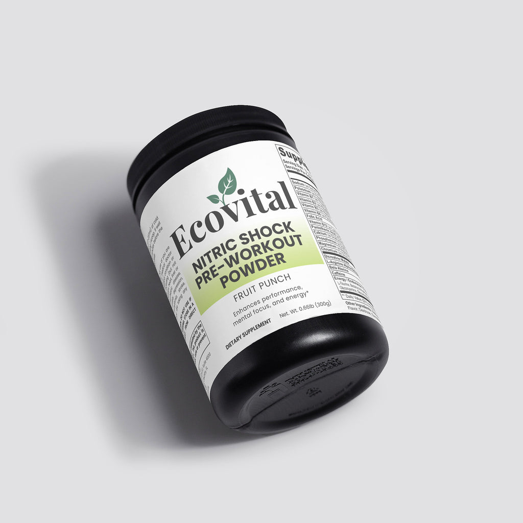 Ecovital pre-workout powder container on a light gray background