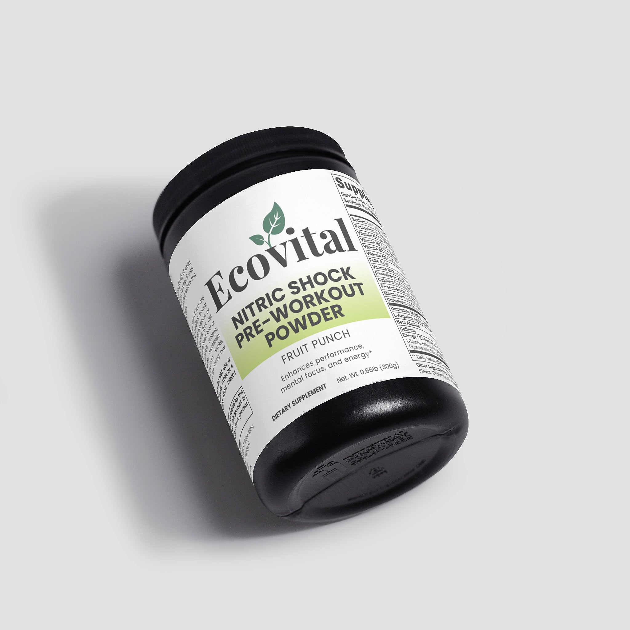 Ecovital pre-workout powder container on a light gray background