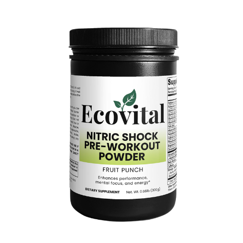 Ecovital Nitric Shock pre-workout powder container on a white background