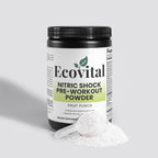 Ecovital Nitric Shock Pre-Workout Powder container with scoop on a light gray background