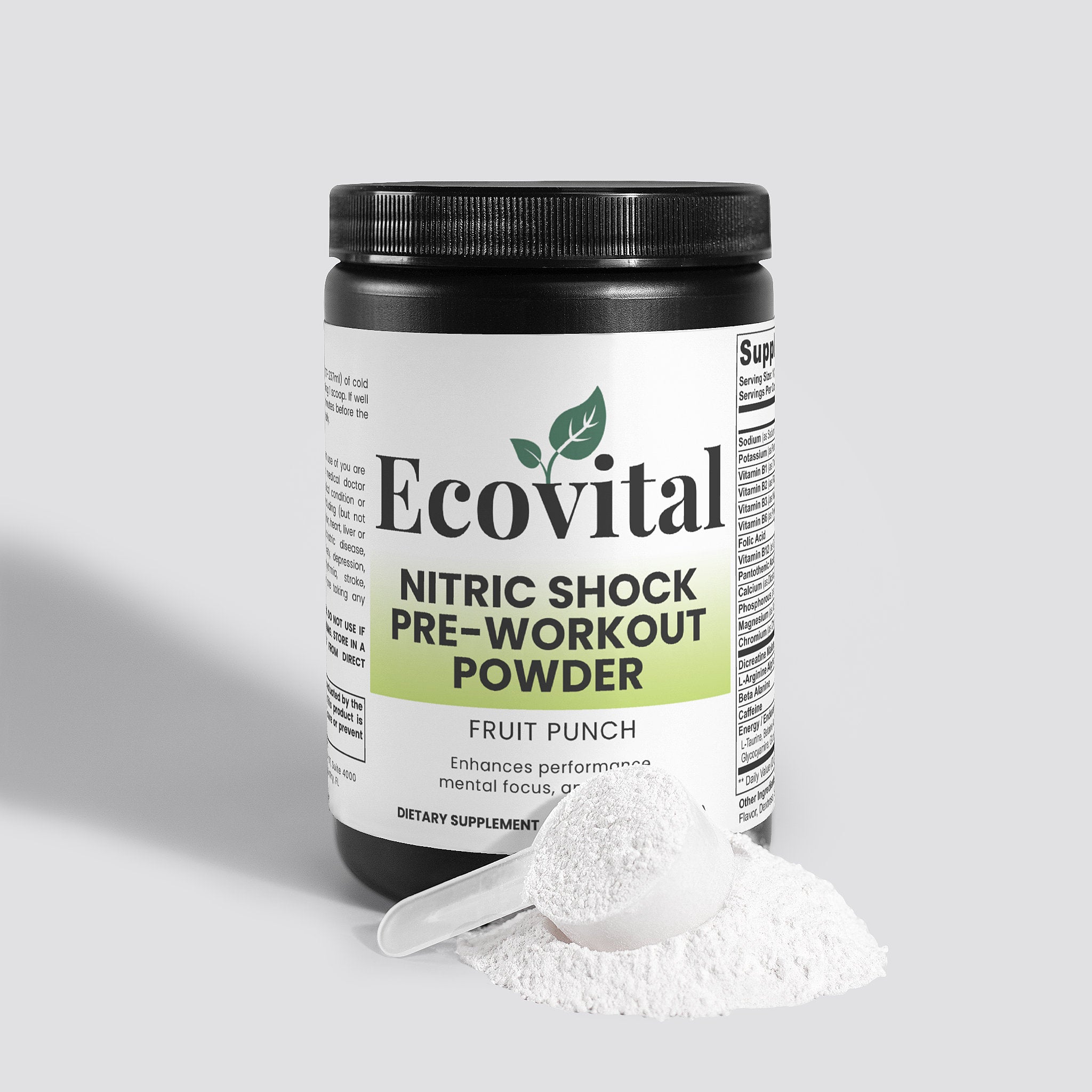Ecovital Nitric Shock Pre-Workout Powder container with scoop on a light gray background