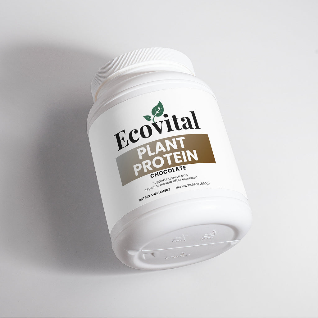 Container of Ecovital Plant Protein on a light gray background