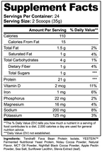Nutrition label for a supplement with detailed nutritional information.
