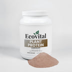 White container of Ecovital Plant Protein with a scoop of protein powder on a light gray background