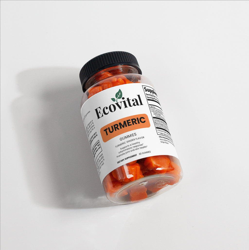 Jar of Ecovital Turmeric gummies on a light gray background