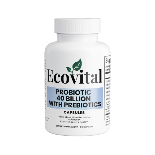 Ecovital probiotic supplement bottle on a white background