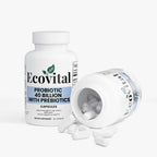 Ecovital probiotic supplement bottle with open cap on a white background